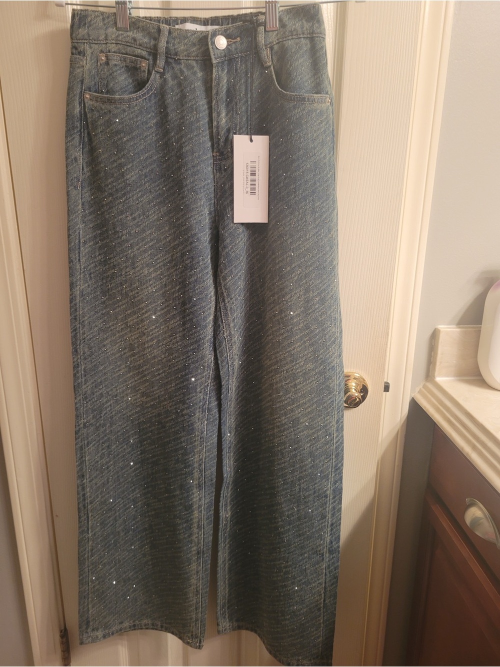 Born to Shine by Mica High Rise Embellished Wide Leg Denim Jeans- Blue